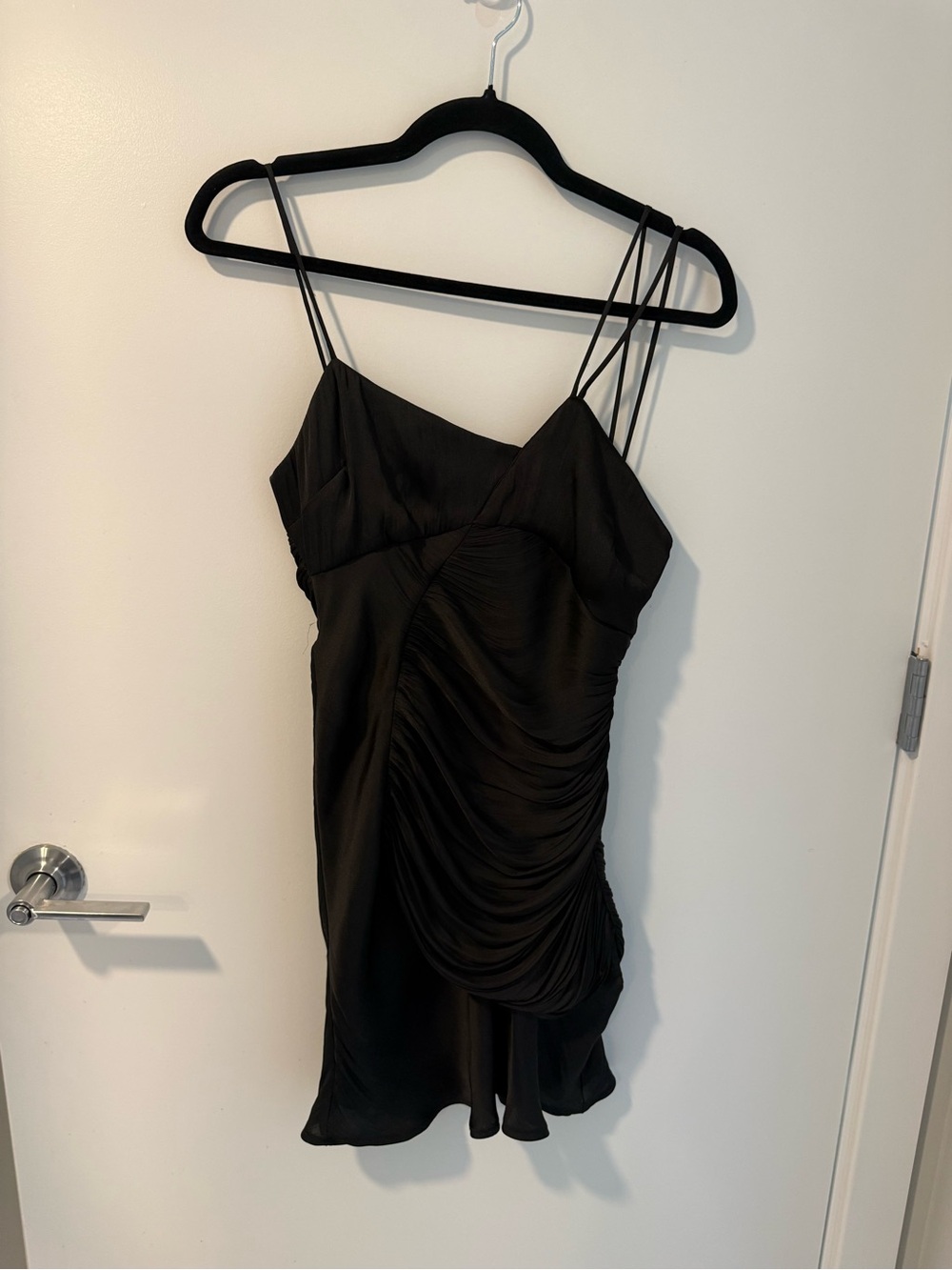 Zara Black Ruched Satin Mini Dress with Double Spaghetti Straps